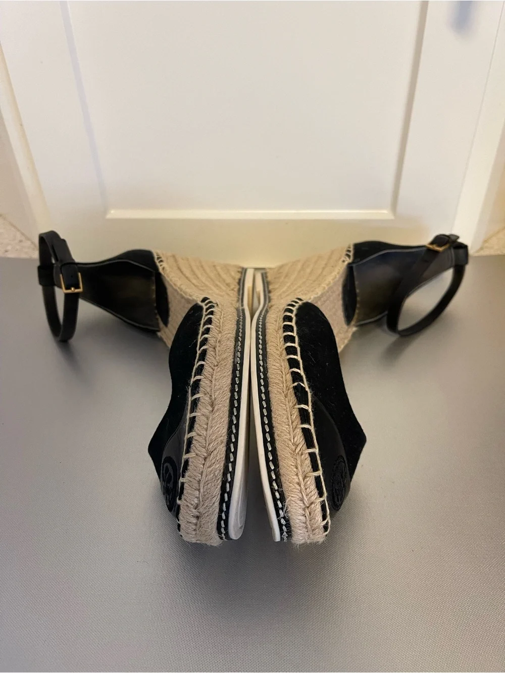 Tory Burch Black Espadrille Wedge Nappa Sandals w/ Ankle Strap Color Block Sz 11